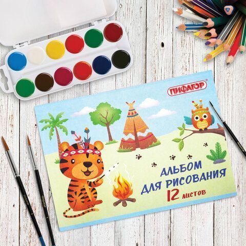 Альбом для рисования 12л А4 на скрепке Пифагор Пикник  1/12/120