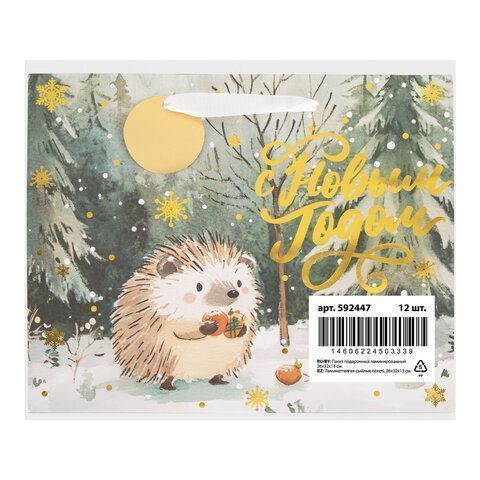 НГ Пакет подарочный бумажный (26х32х12) ассорти Акварельная зима 1/12/144
