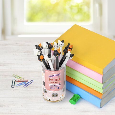 Ручка с топпером шариковая ЮНЛАНДИЯ Кошка корпус ассорти СИНЯЯ узел 0,7мм 1/12