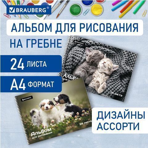 Альбом для рисования А4 24л гребень обложка картон BRAUBERG Питомцы 1/10/40