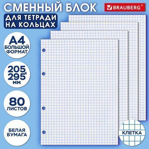 Сменный блок к тетради на кольцах 80л А4 клетка BRAUBERG ЭКО 1/30