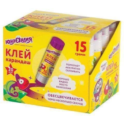 Клей-карандаш 15г обесцвечивающийся цветной ЮНЛАНДИЯ 1/20/480