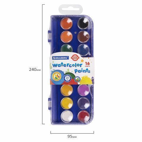 Краски акварельные 16цв круглые кюветы 23 мм пенал BRAUBERG PREMIUM 12/144