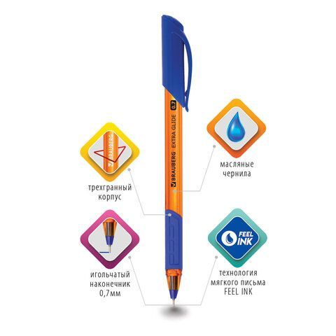 Ручка шариковая масляная синяя 0,7мм 0,35мм с грипом BRAUBERG Extra Glide GT Tone Orange 1/12 (Клиен