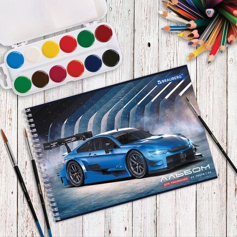 Альбом для рисования А4 24л гребень обложка картон BRAUBERG Спорткар 1/10/40